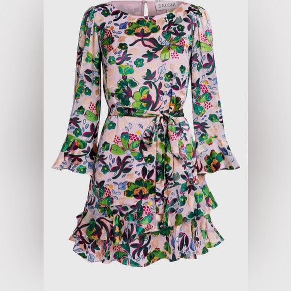 SALONI Dresses & Skirts - SALONI Silk Floral Ruffle Mini Dress Multicolor Light Pink Lined Slip Size 8